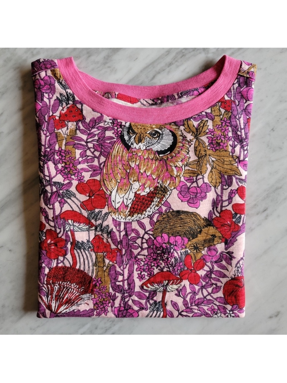 Anthropologie X Maeve The Caitlin Boxy Long Sleeve Tee Shirt Pink Woodland Owl